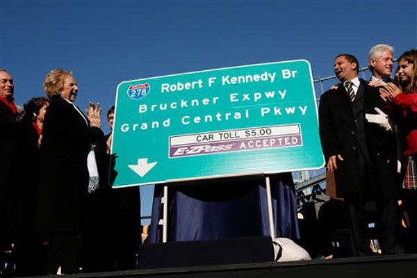 Unveiling a new sign for the Robert F. Kennedy Bridge.